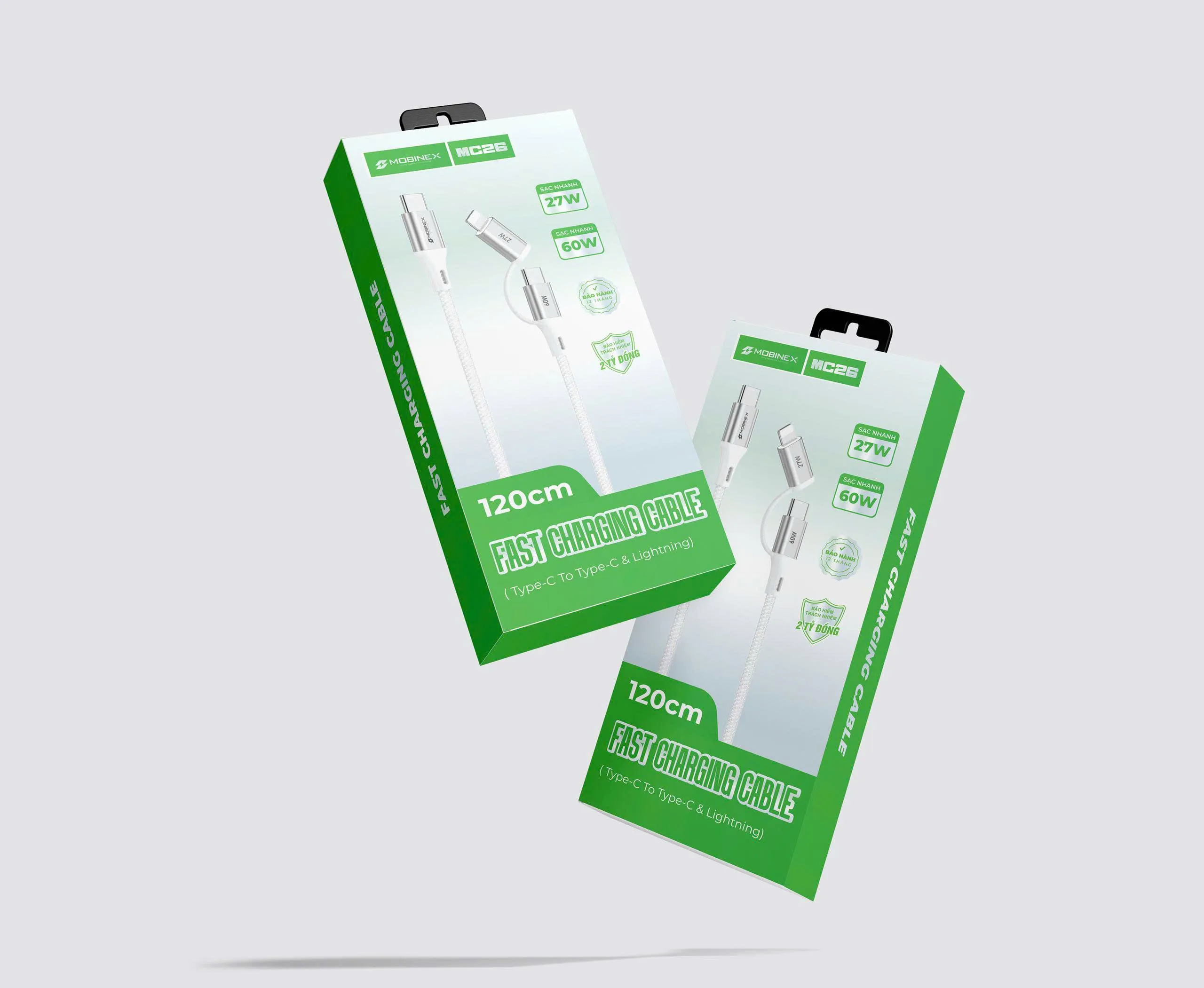 DÂY CÁP SẠC MOBINEX MC26. DÂY 2 ĐẦU TYPE-C & LIGHTNING. CÔNG SUẤT TỚI 60W