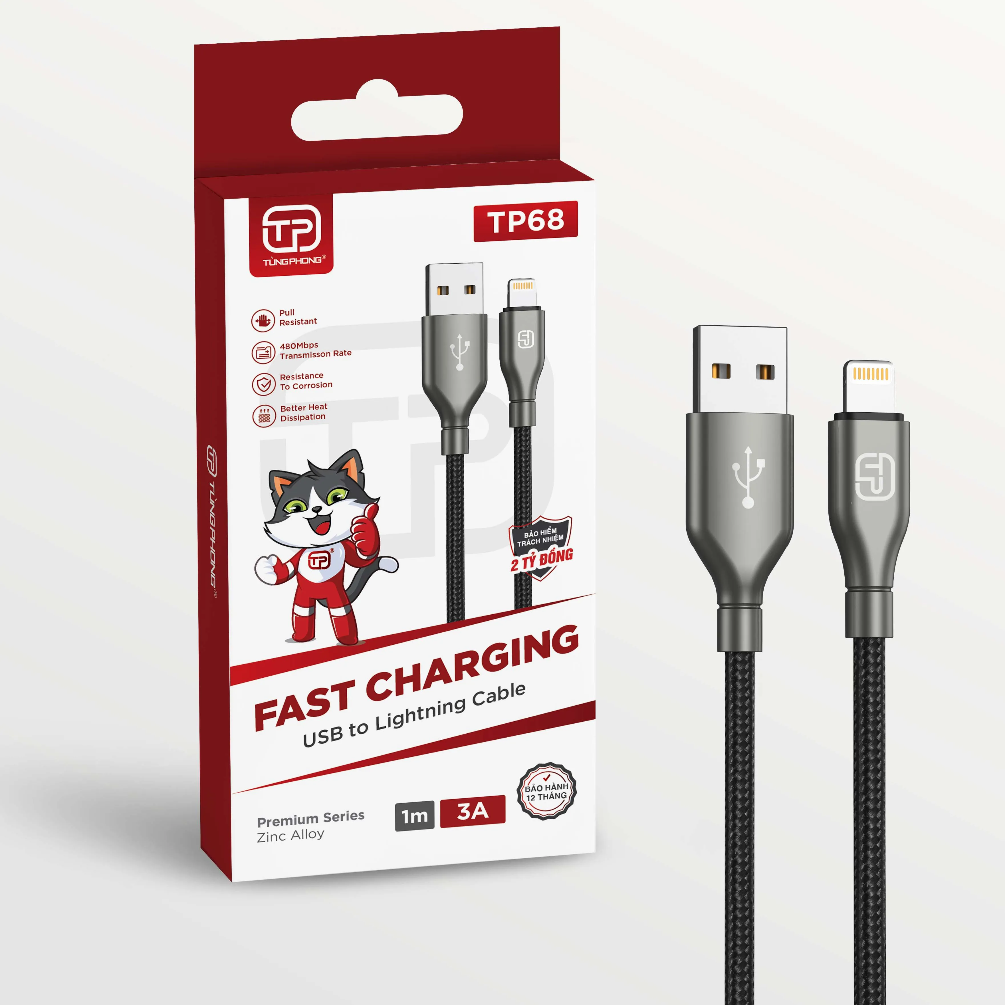 DÂY CÁP SẠC TP68 - CỔNG USB-A TO LIGHTNING. ĐẦU HỢP KIM KẼM CHỐNG GÃY