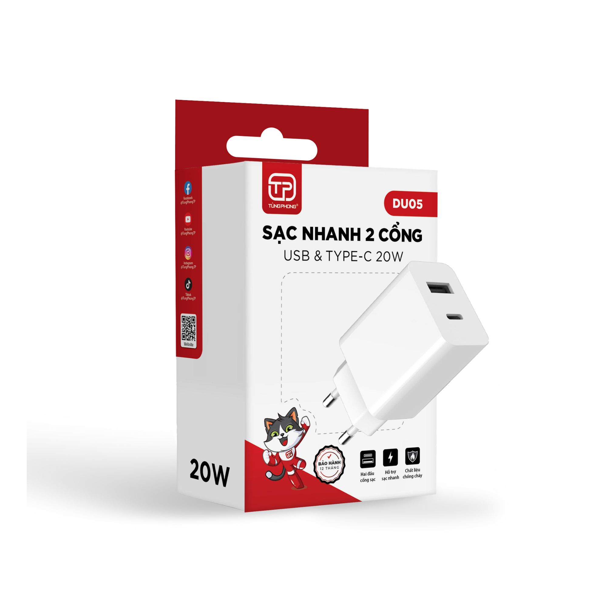 CỦ SẠC DU05 - 2 CỔNG USB-A & Type C. CÔNG SUẤT 20W, TIẾT KIỆM THỜI GIAN, TỐI ƯU HIỆU SUẤT SẠC