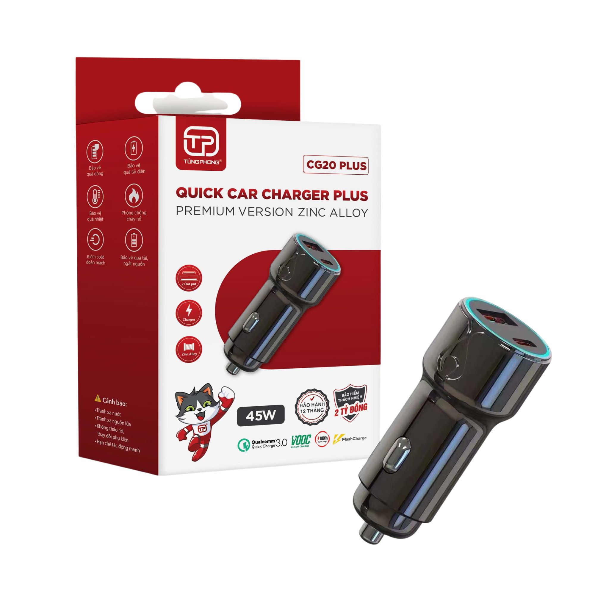 TẨU SẠC Ô TÔ CG20 PLUS - CÔNG SUẤT TỚI 45W. CỔNG USB & TYPE-C