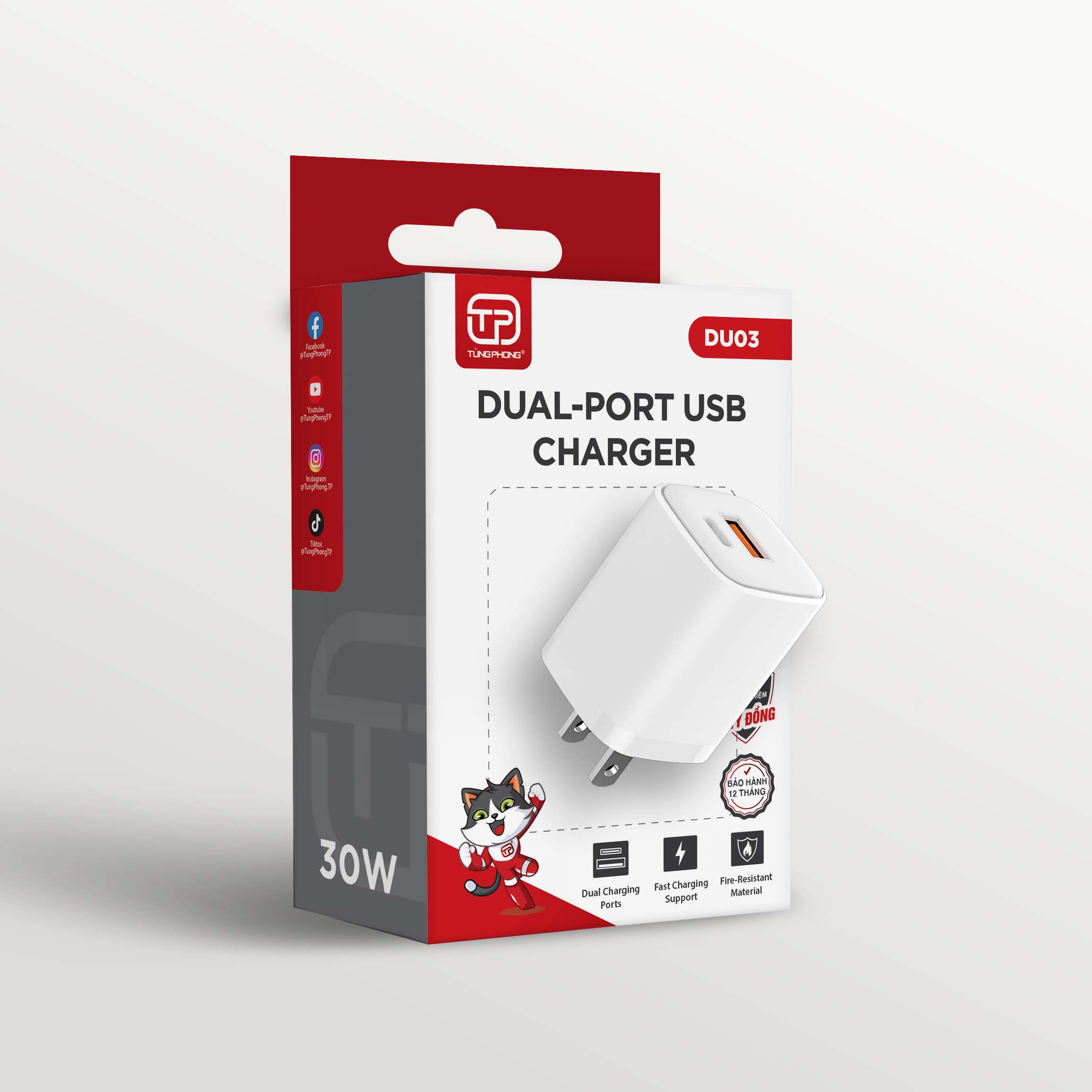 CỦ SẠC DU03 - SẠC NHANH PD30W, 02 CỔNG SẠC USB - A, TYPE - C. SẠC AN TOÀN VÀ ĐỘ BỀN CAO