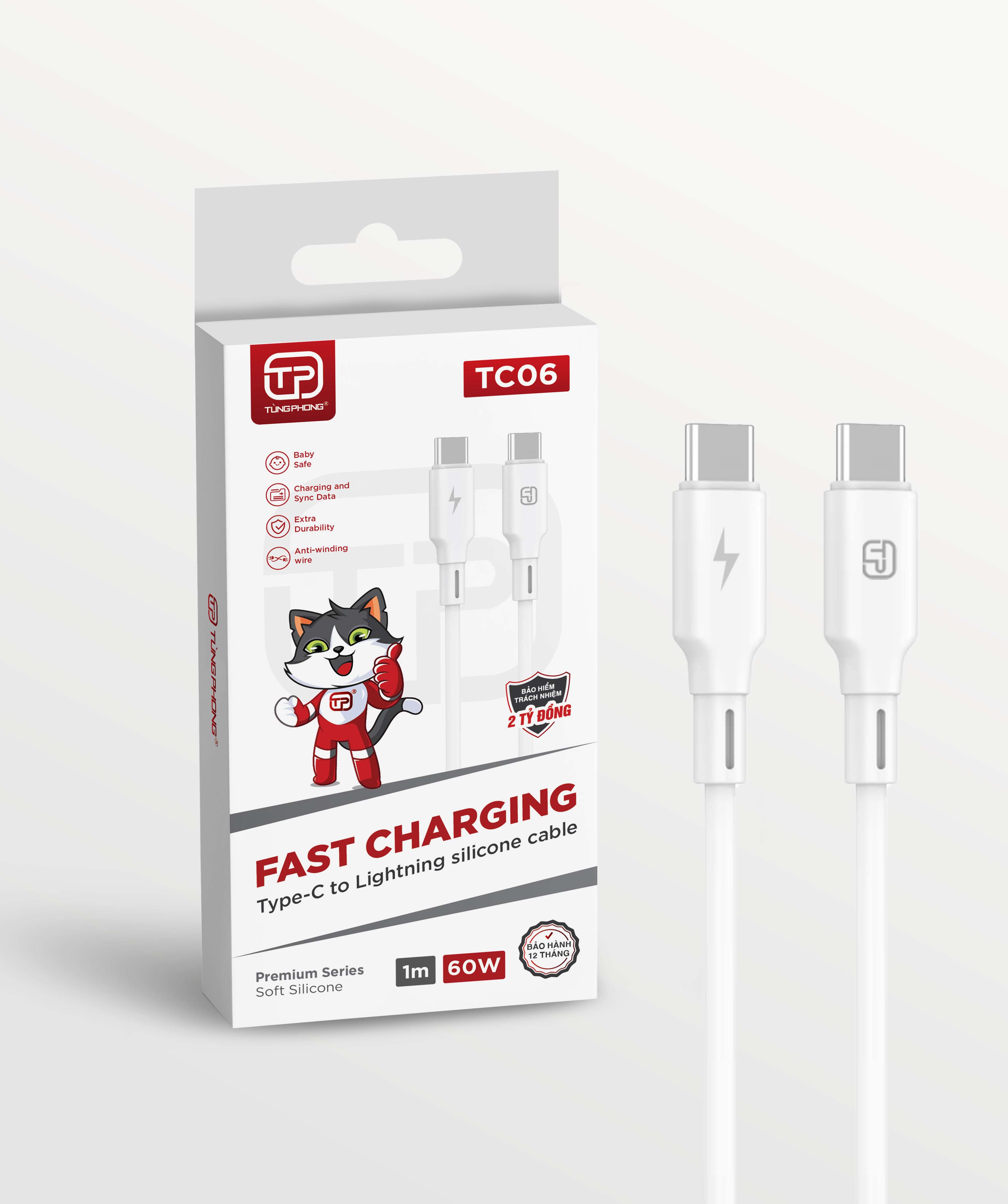 DÂY CÁP SẠC TC06 - CHẤT LIỆU SILICONE. TC PREMIUM SERIES. SẠC NHANH 60W