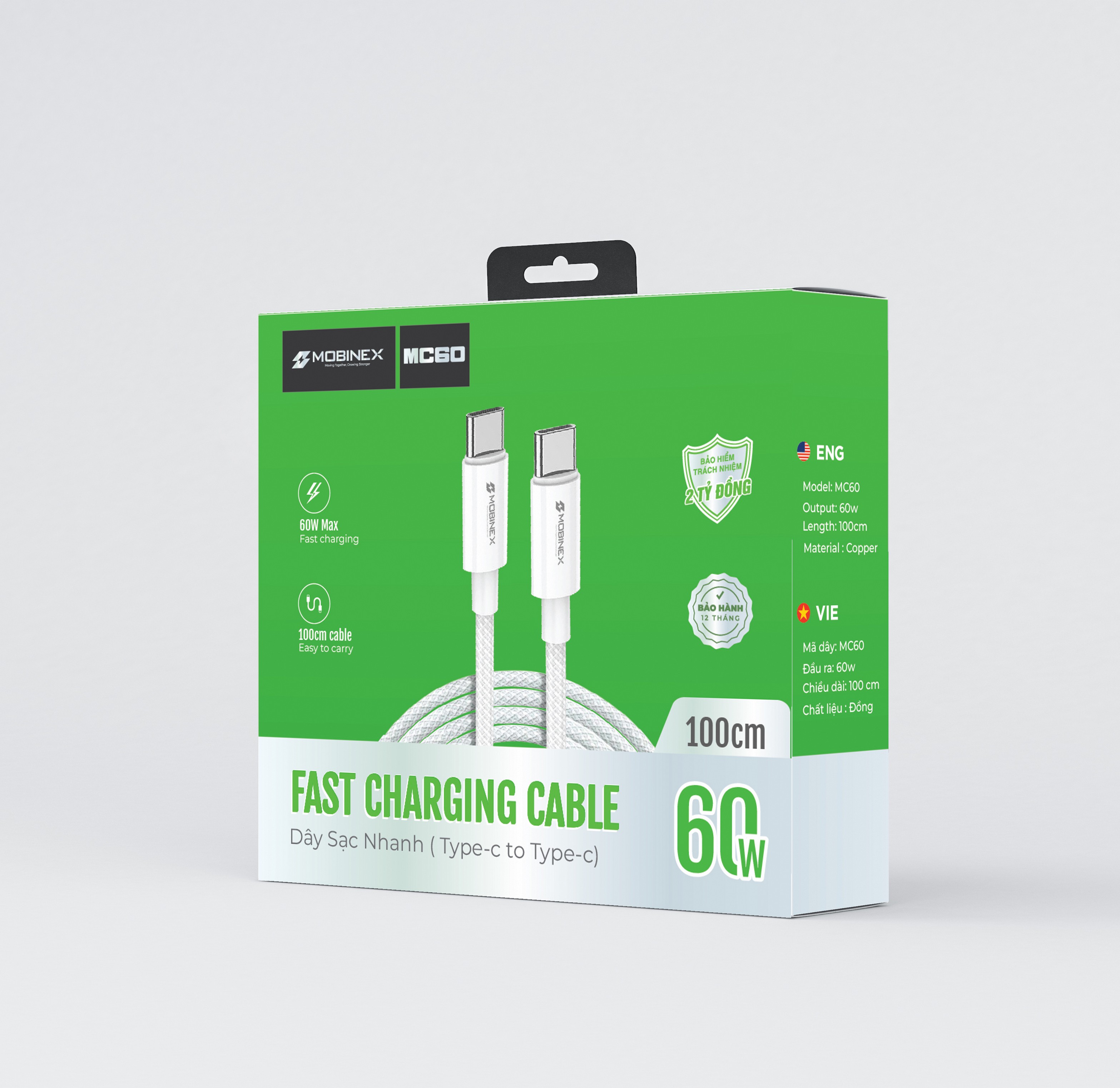 DÂY CÁP SẠC MC60 - CÁP TYPE C TO TYPE C, CÔNG SUẤT 60W