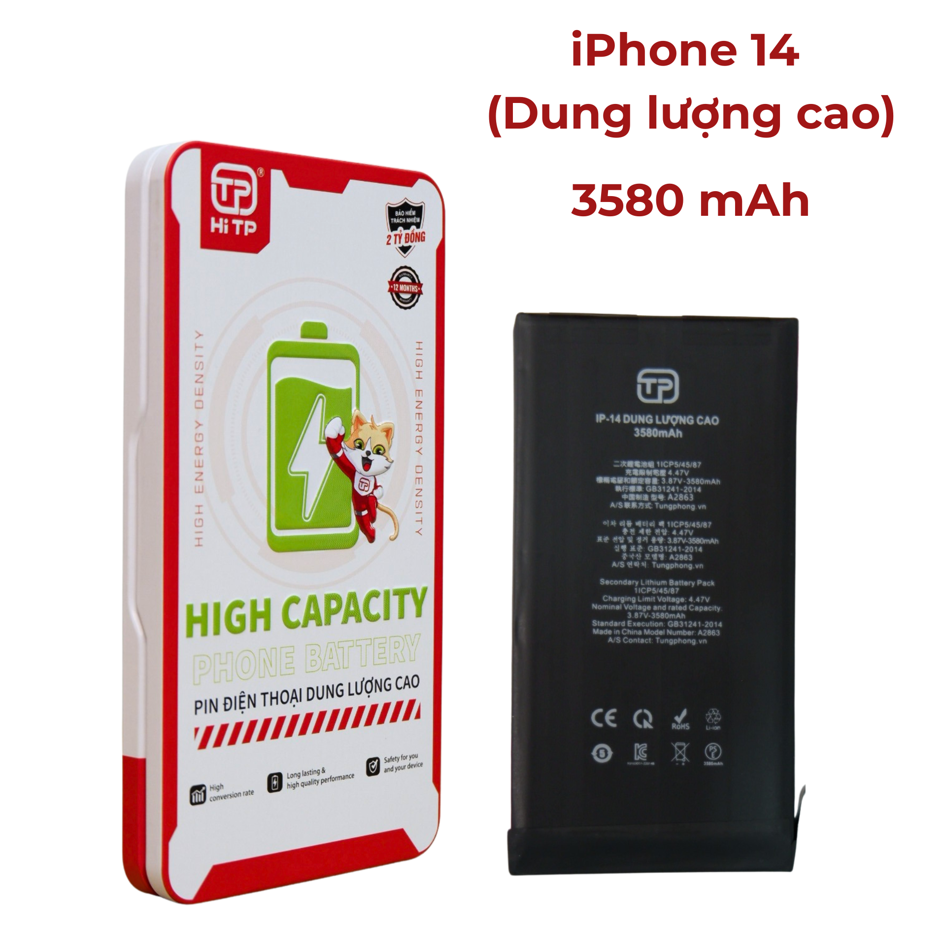 PIN IPHONE 14 DUNG LƯỢNG CAO. THƯƠNG HIỆU HI TP (HỘP SẮT)